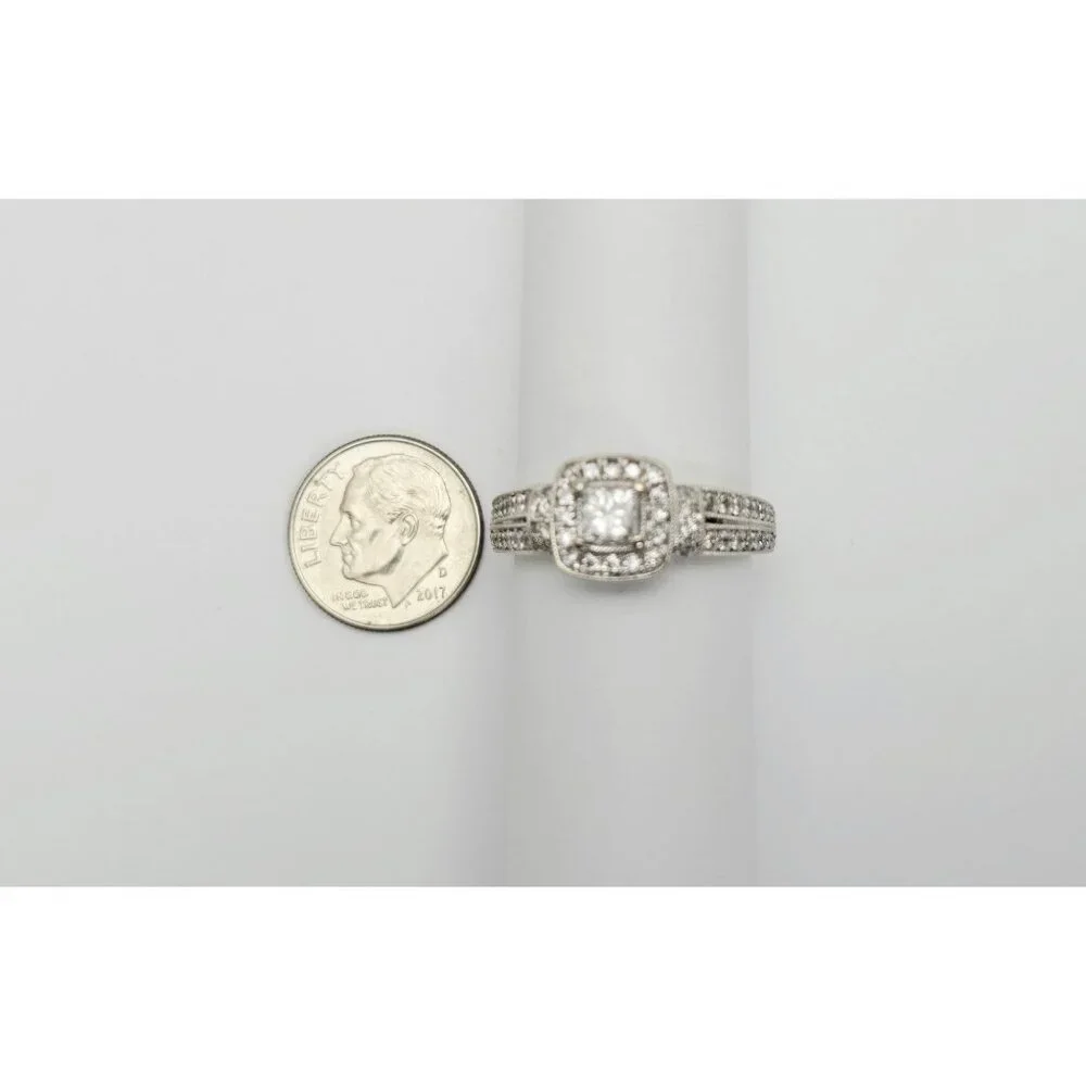 Elegant 14K Karat Solid White Gold Ladies Diamond Halo Engagement Ring Size 9.75